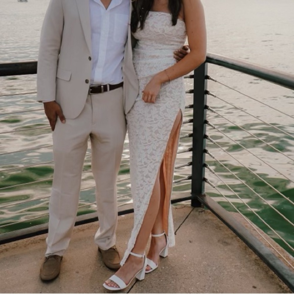White lace slit prom dress